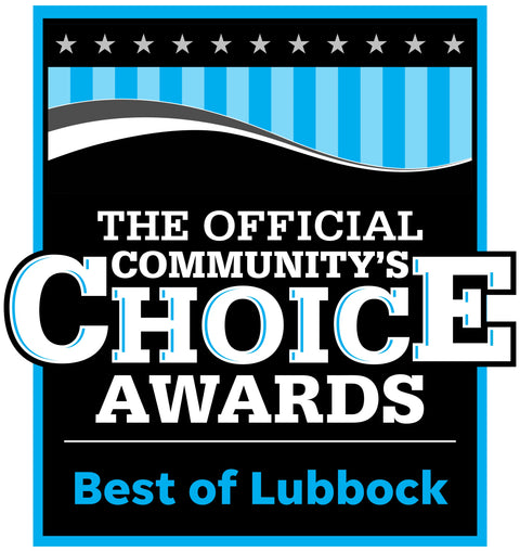 A graphic badge reading 'The Official Community's Choice Awards Best of Lubbock' with a black background, blue striped banner, white stars, and bold white and blue text.